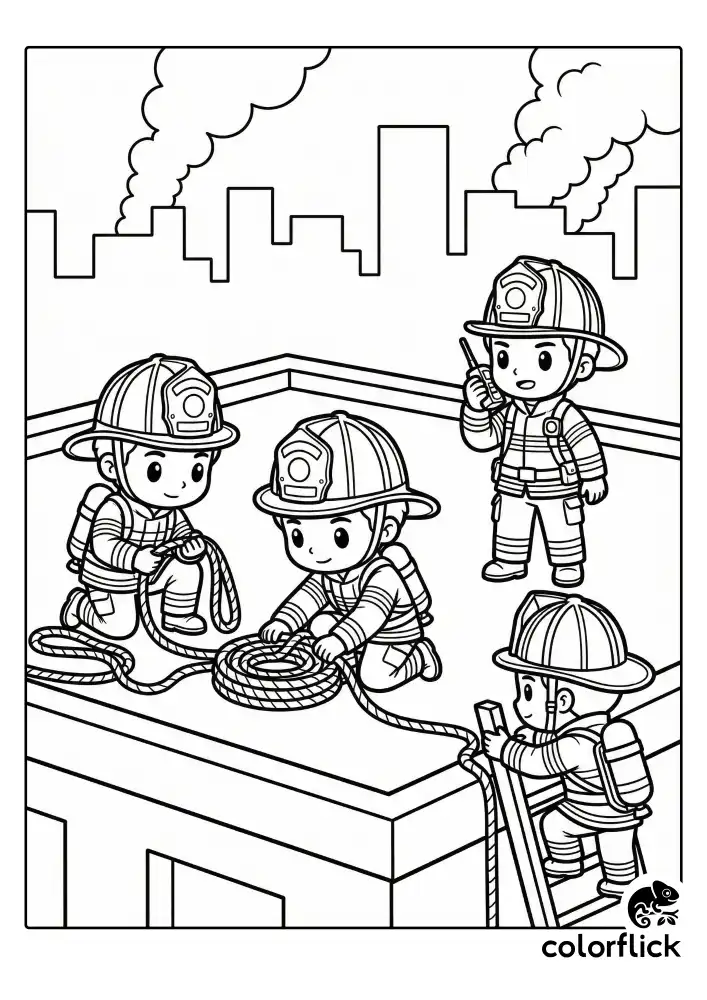 A teamwork coloring page featuring four firefighters on a flat city rooftop, securing rescue ropes, using a radio, and climbing a ladder, with a skyline and distant smoke background.