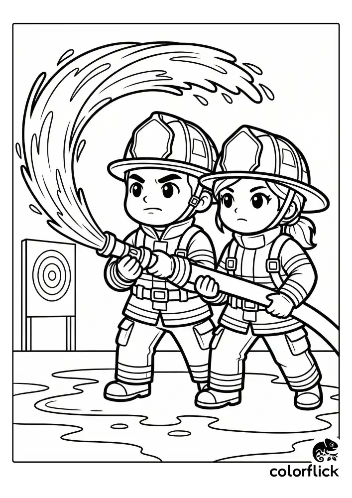 A brave team of male and female firefighters working together to hold a heavy fire hose and spray a wide arc of water, wearing full safety gear and helmets.