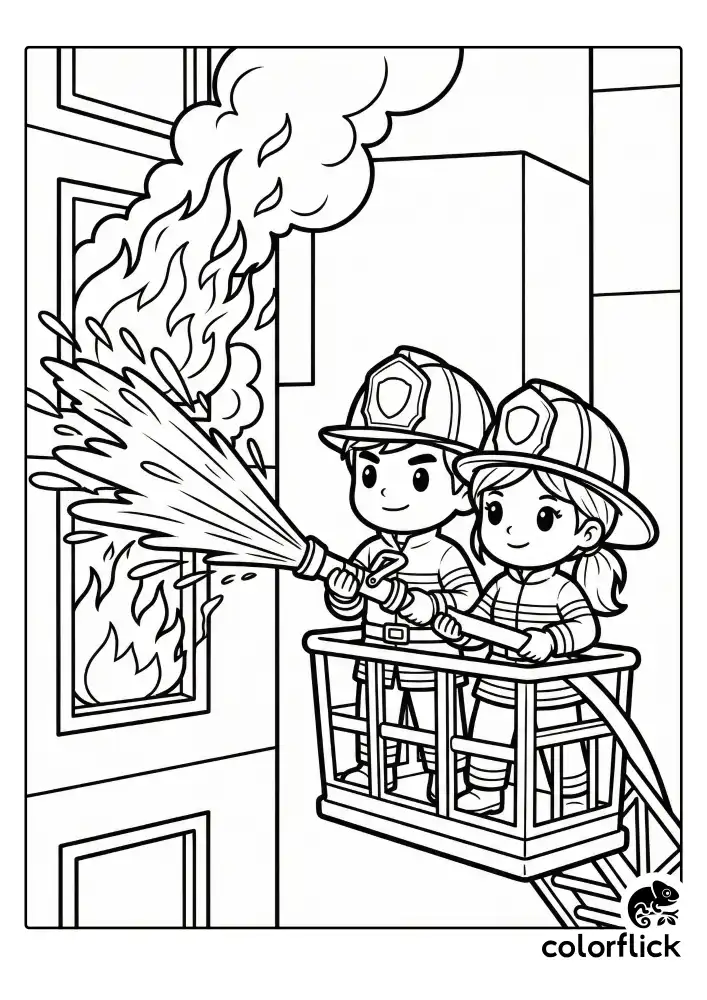 Two brave firefighters standing in an aerial ladder bucket, working together to hold a heavy nozzle and spray a powerful water jet at flames in a high window.