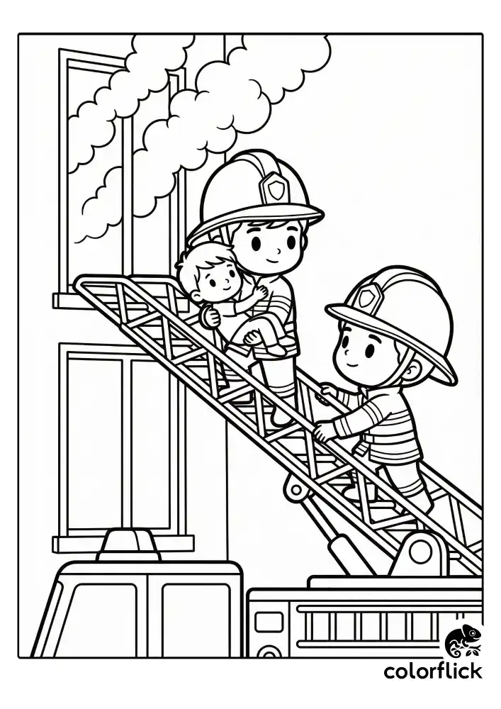 Brave firefighters climbing down an extended aerial ladder carrying a saved child, with billowing smoke clouds and a tall building window in the background.