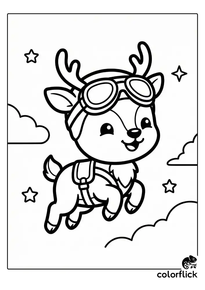 A cute young reindeer hovering slightly off the ground, wearing aviator goggles and a small training harness. It has a joyful expression, surrounded by fluffy clouds and simple star shapes. Bold black and white outline.