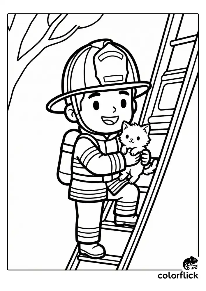 A friendly chibi firefighter climbing down a tall ladder while gently holding a tiny fluffy kitten. He is wearing a safety helmet and gear with a big smile. A simple tree branch outline is visible in the background. The image is a cute black and white vector coloring page.