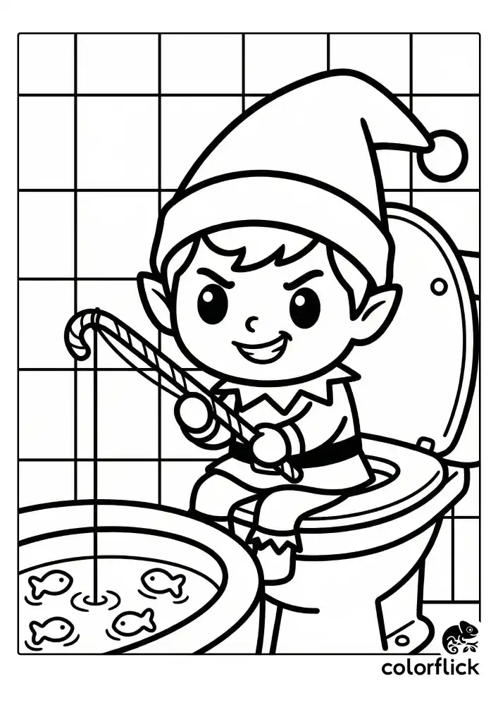 A funny coloring page of a mischievous Scout Elf sitting on a toilet seat, holding a candy cane fishing rod over the bowl with floating goldfish crackers, set against a simple tile background.