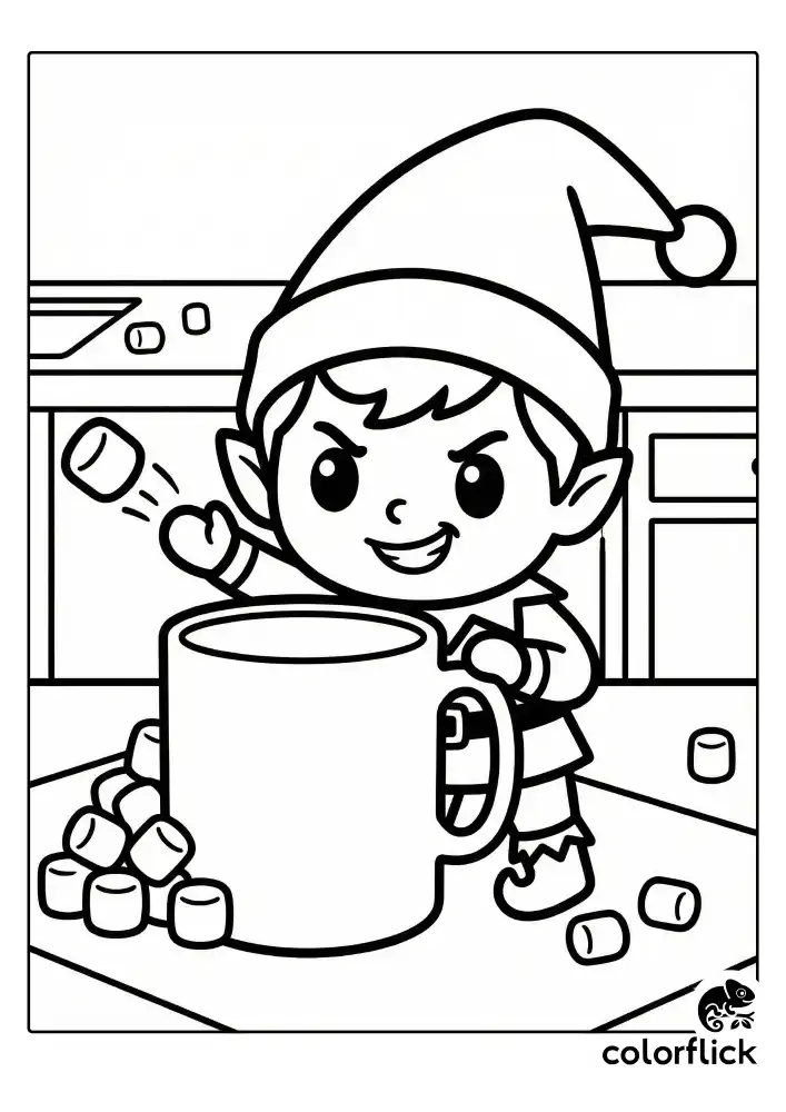 A funny Scout Elf hiding behind a large ceramic mug on a kitchen counter, throwing a mini marshmallow snowball with a mischievous grin and a pile of marshmallows nearby.