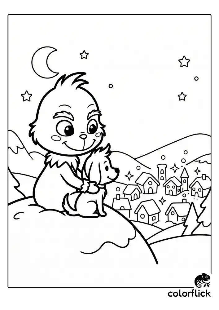 A peaceful scene showing the chibi Grinch and his dog Max standing side-by-side on a snowy cliff, quietly looking down at the small houses of the village below under a starry night sky.