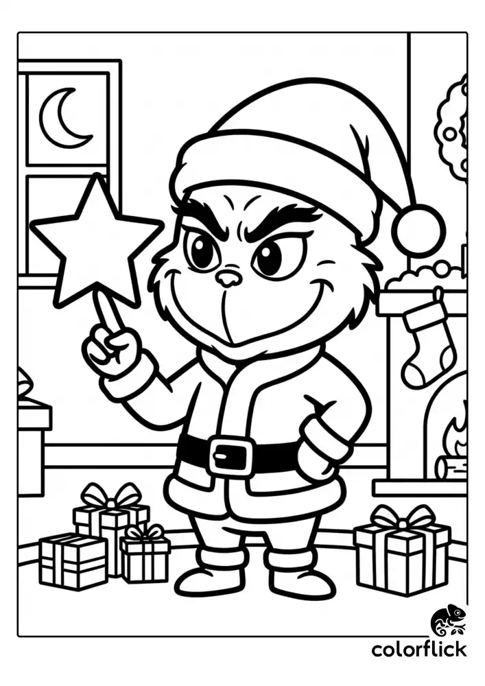 A playful chibi Grinch carefully balancing a stolen five-pointed Christmas tree star on the tip of his finger inside a simple room.