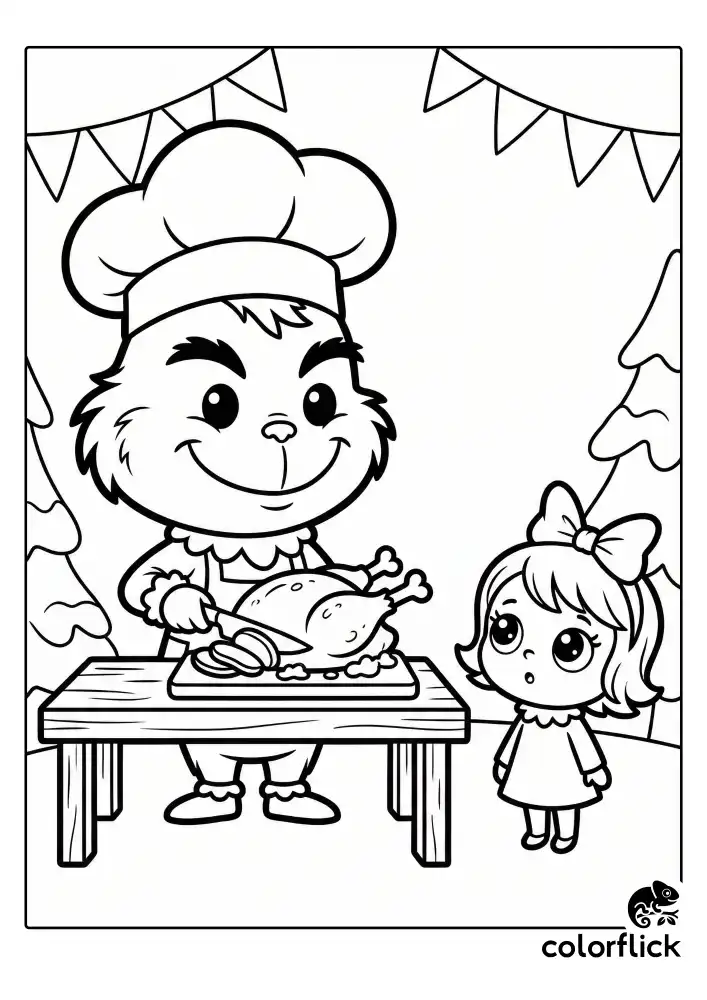 A festive scene showing a smiling chibi Grinch standing at a table carving a large roast beast, while a curious little Cindy Lou Who watches eagerly from the side.