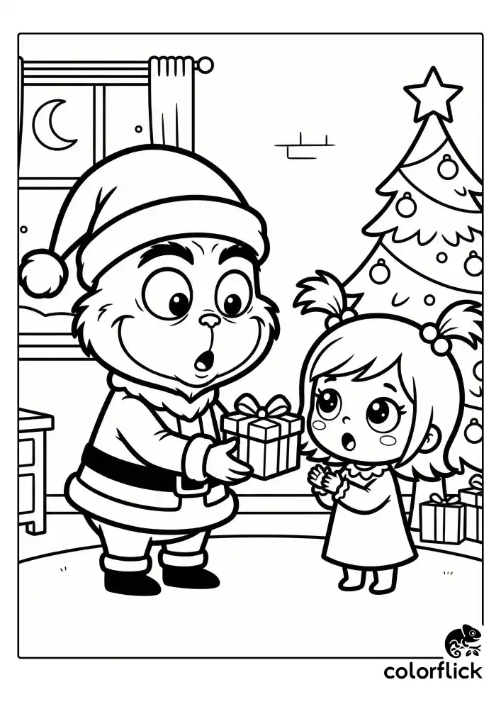 A sweet scene showing a kind chibi Grinch gently handing a small wrapped present to a wide-eyed, surprised Cindy Lou Who.