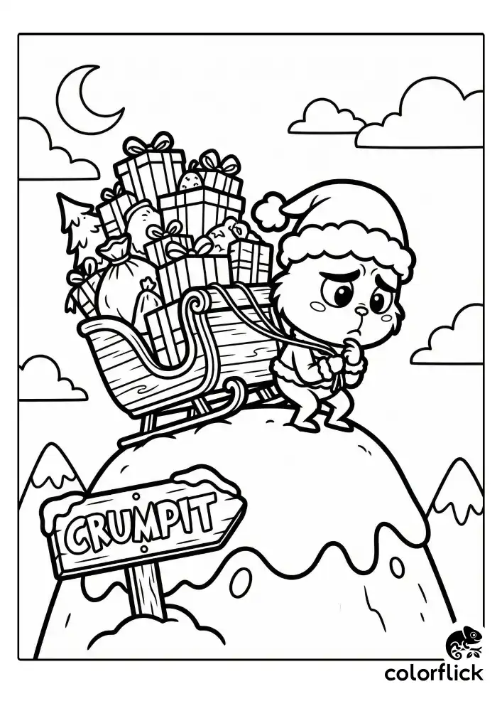 A cute chibi Grinch standing on the snowy peak of Mount Crumpit, looking back at a massive wooden sleigh piled impossibly high with bags of stolen toys and decorations.