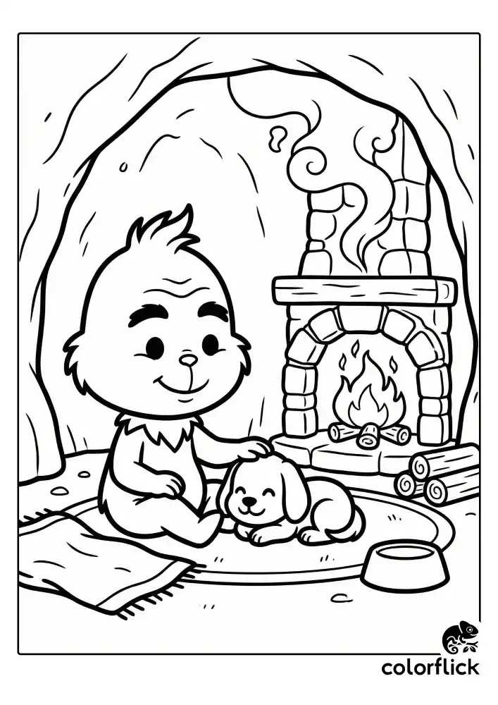 A heartwarming scene of a smiling chibi Grinch sitting on the floor, gently petting his happy dog Max beside a crackling fireplace inside their cave.