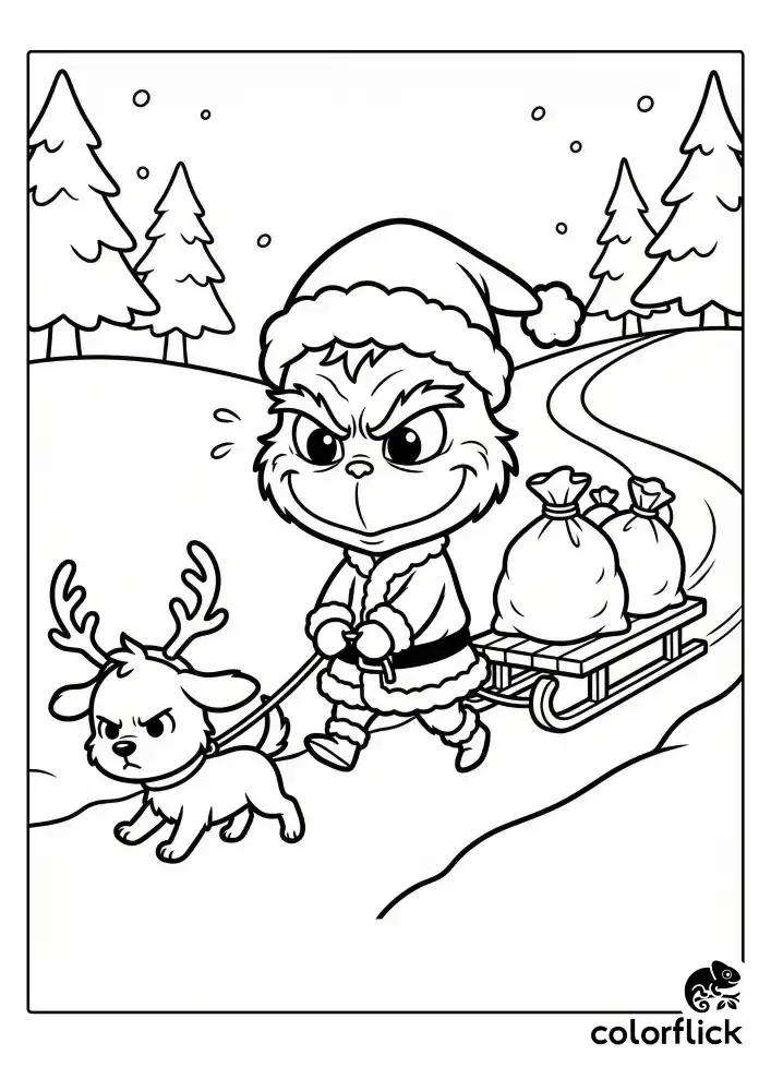 A cute chibi Grinch struggling to pull a heavy wooden sled through deep snow, while his small dog Max, wearing a tied-on antler, playfully tugs on the rope ahead.
