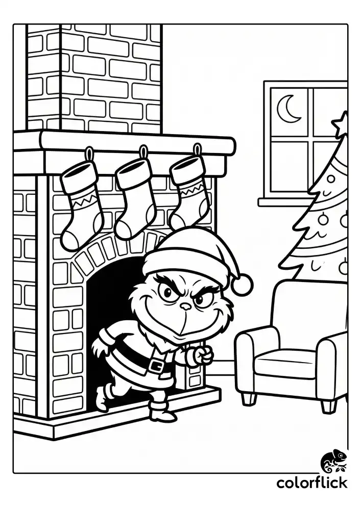 A sneaky chibi Grinch quietly tiptoeing out of a fireplace chimney into a cozy living room, with empty Christmas stockings hanging on the mantle.