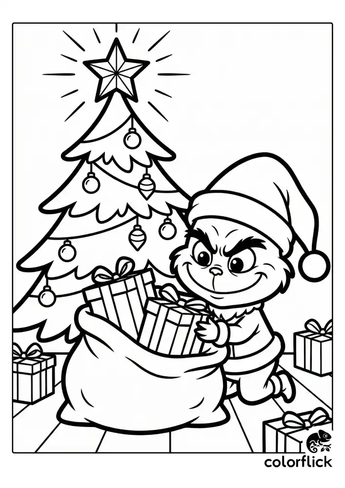A busy chibi Grinch kneeling beneath a decorated Christmas tree, hurriedly stuffing wrapped gifts into a large sack.