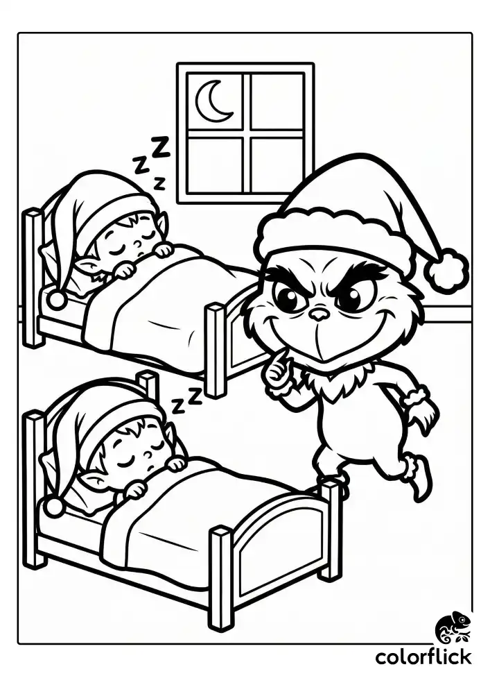 A suspenseful scene showing a chibi Grinch tiptoeing quietly past beds where little Whos are fast asleep wearing long pointed nightcaps.