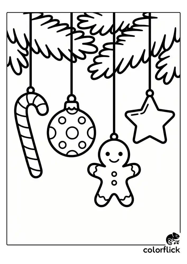 Various Christmas ornaments hanging from strings against a simple pine branch background. The ornaments include a striped candy cane, a round bauble with polka dots, a smiling gingerbread man shape, and a simple shiny star. Bold and clean black and white vector lines.