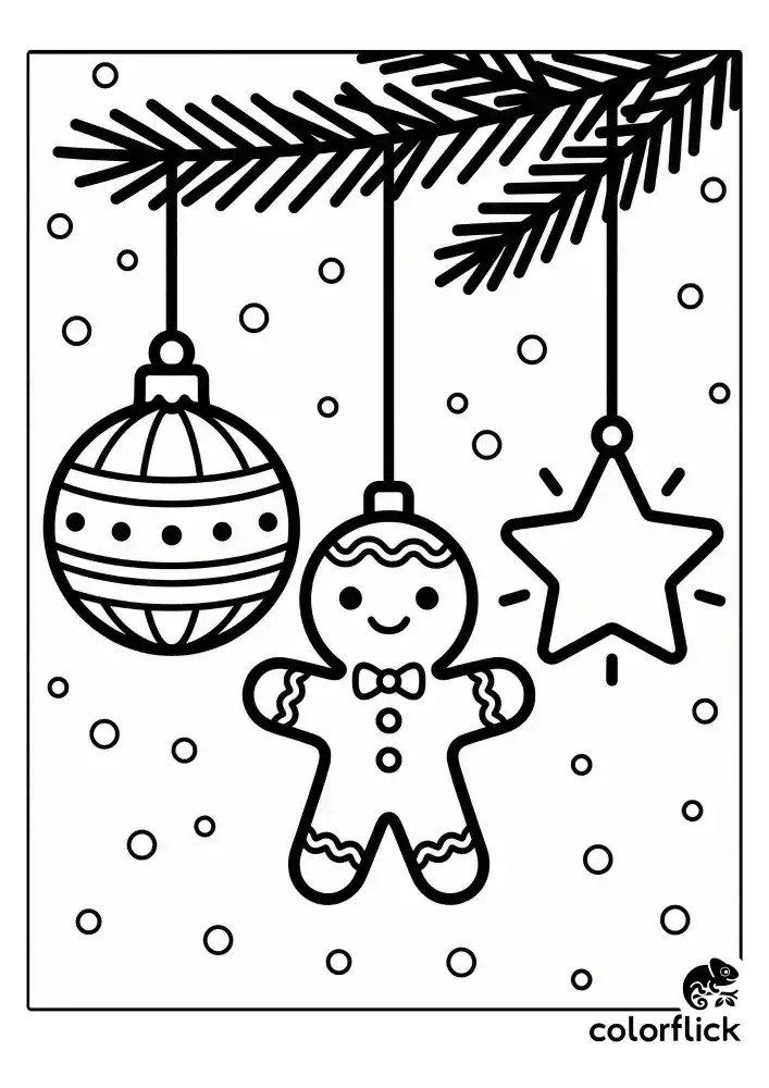 Three cute Christmas ornaments hanging from strings against a pine branch backdrop: a patterned round bauble, a smiling gingerbread man, and a shiny star shape. Falling snow outlines fill the background. Black and white vector coloring page.