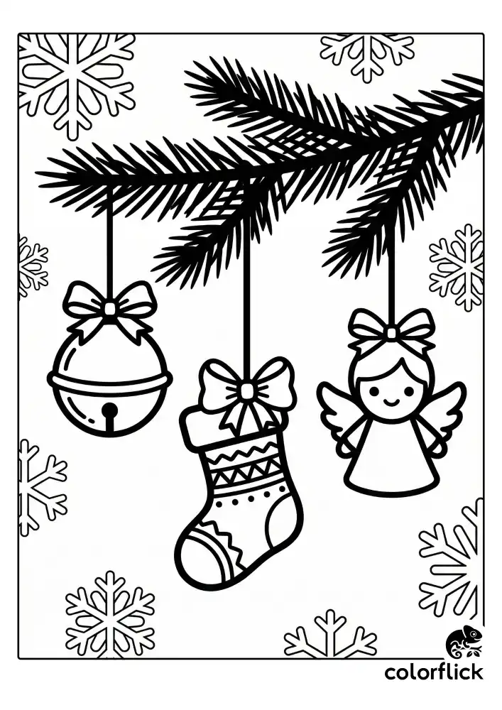 A cute coloring page showing three Christmas ornaments dangling from a thick pine branch: a shiny jingle bell with a bow, a patterned stocking with a bow, and a smiling angel figure with wings and a bow. Large simple falling snowflake outlines fill the background. The image is bold black line art.