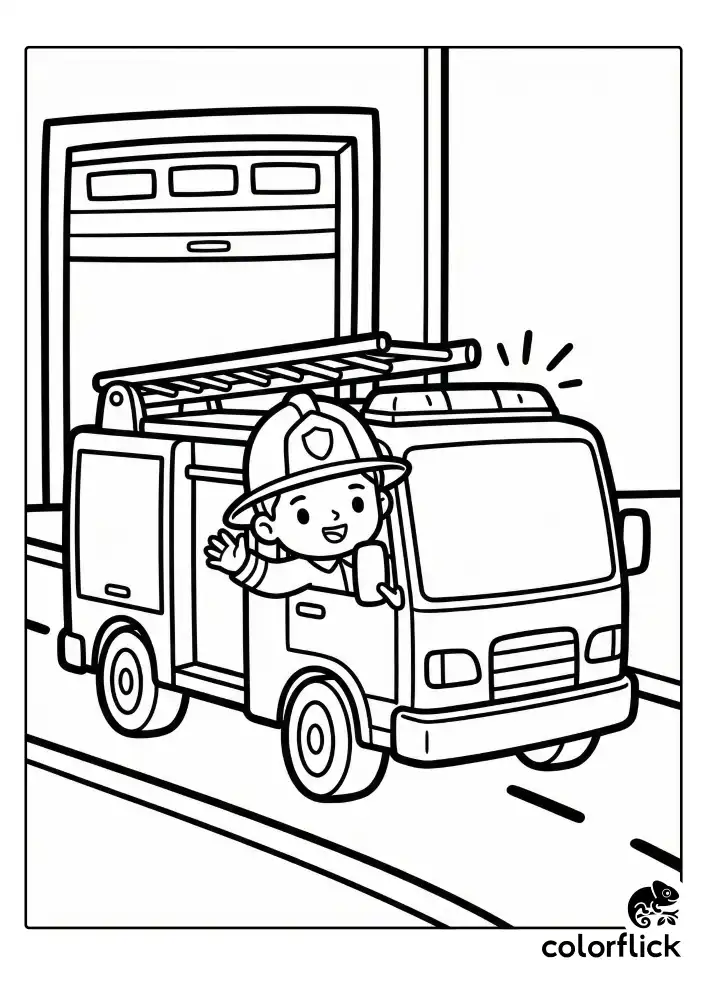 A happy chibi firefighter waving from the window of a big fire engine truck. The truck features a ladder on the roof and flashing lights. The background shows simple road lines and a fire station garage door outline. The image is a clean black and white vector coloring page.