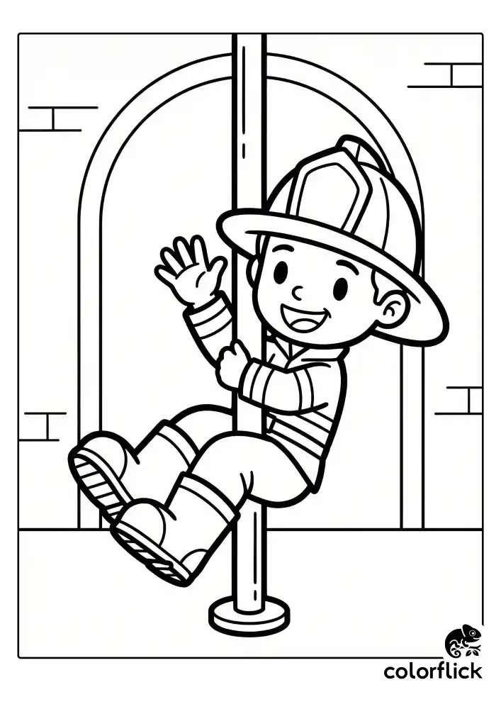 A happy firefighter sliding quickly down a shiny fire pole inside a fire station. He is waving his hand and wearing big boots and a helmet. The background shows a simple station interior with a large archway outline. Bold black and white lines.