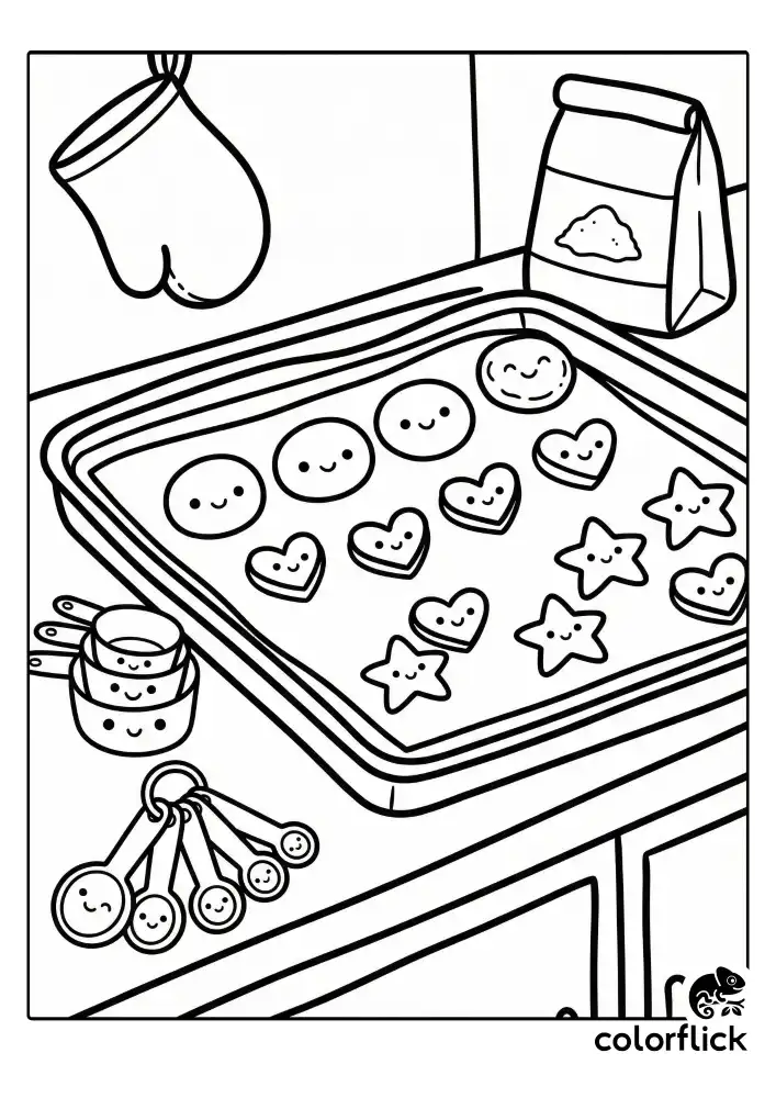 A rectangular baking tray lined with round cookies waiting to be baked, sitting next to a set of measuring cups and spoons, illustrated with bold black lines and no background borders.