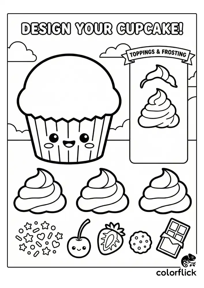 A creative cupcake design page featuring a plain cupcake base ready for decoration, surrounded by separate floating frosting shapes and fruit toppings, drawn with simple thick outlines and no borders.