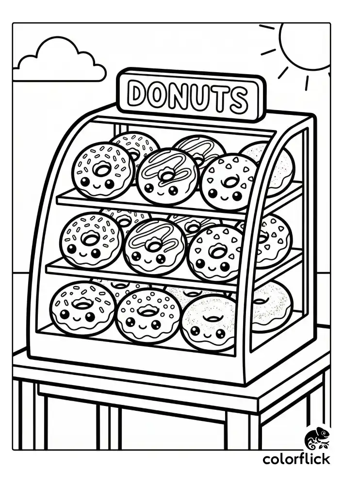 A sweet display case filled with rows of smiling donuts, each decorated with different frostings and sprinkles, drawn with thick bold lines and no frame borders.
