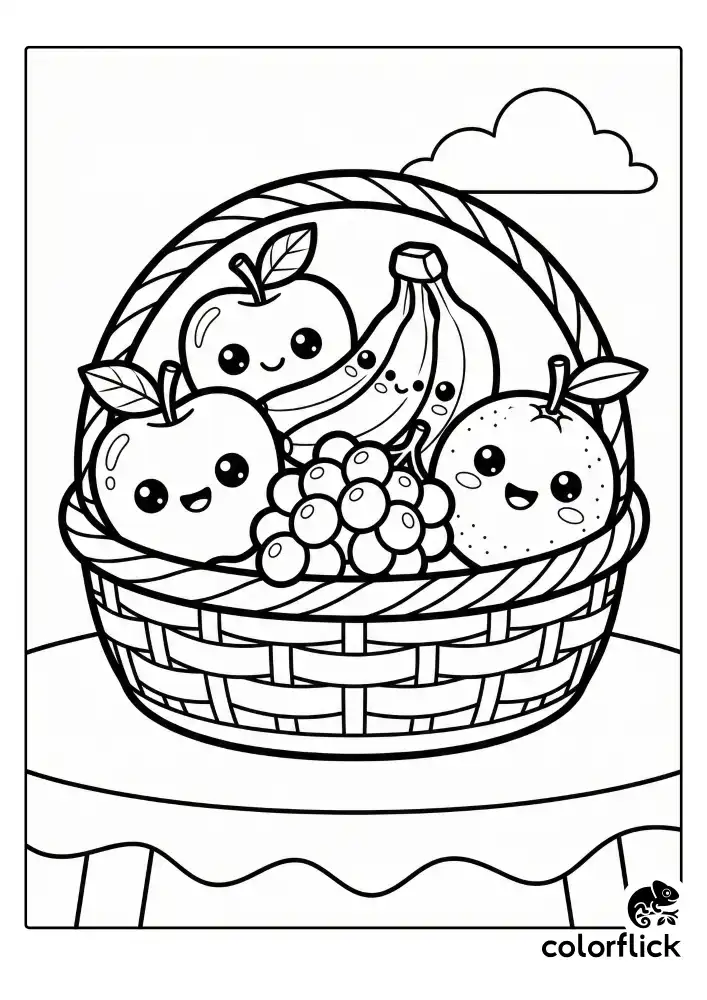 A woven basket resting on a table filled with cheerful kawaii fruits, including smiling apples, happy bananas, a round orange, and a bunch of grapes, drawn with thick black outlines for easy coloring.