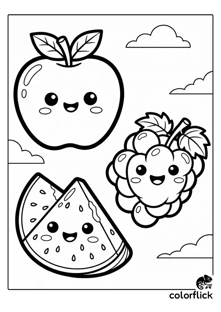 A simple coloring page featuring three large fruit characters: a smiling apple, a slice of watermelon, and a cheerful bunch of grapes, drawn with thick bold outlines.