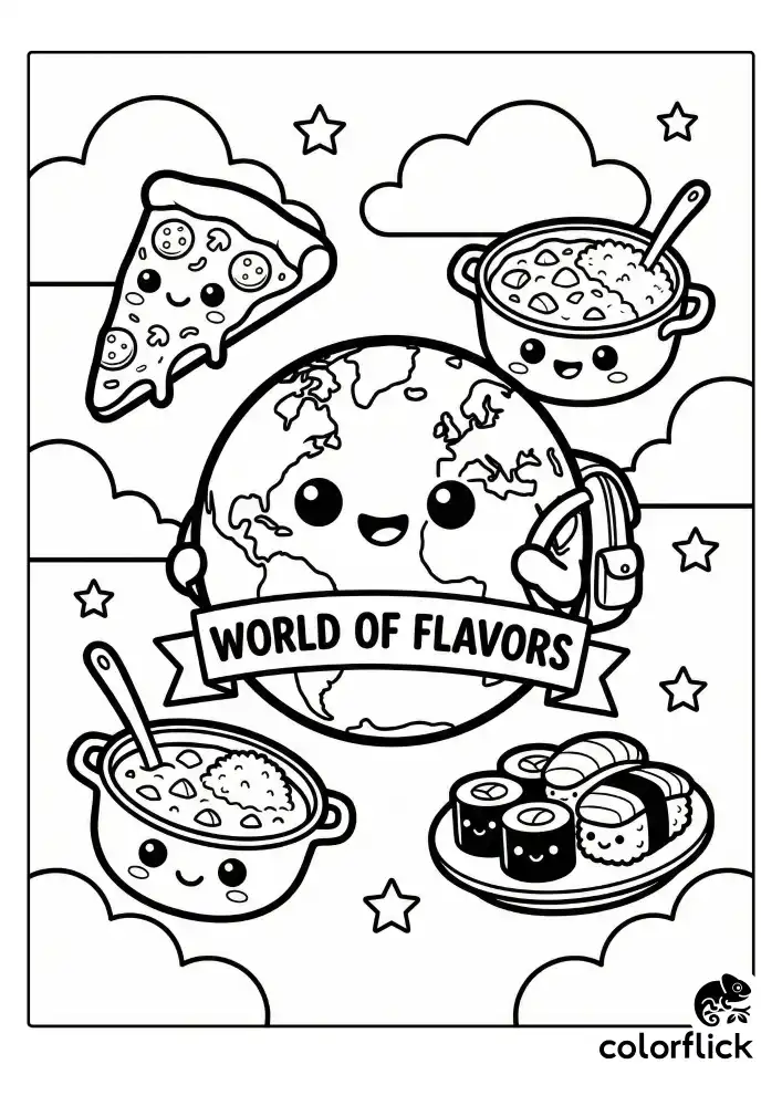 A borderless coloring page featuring a smiling Earth globe surrounded by cute, chibi-style international foods. A happy slice of pizza, a bowl of curry, and sushi rolls float around the planet in bold, clean vector lines.