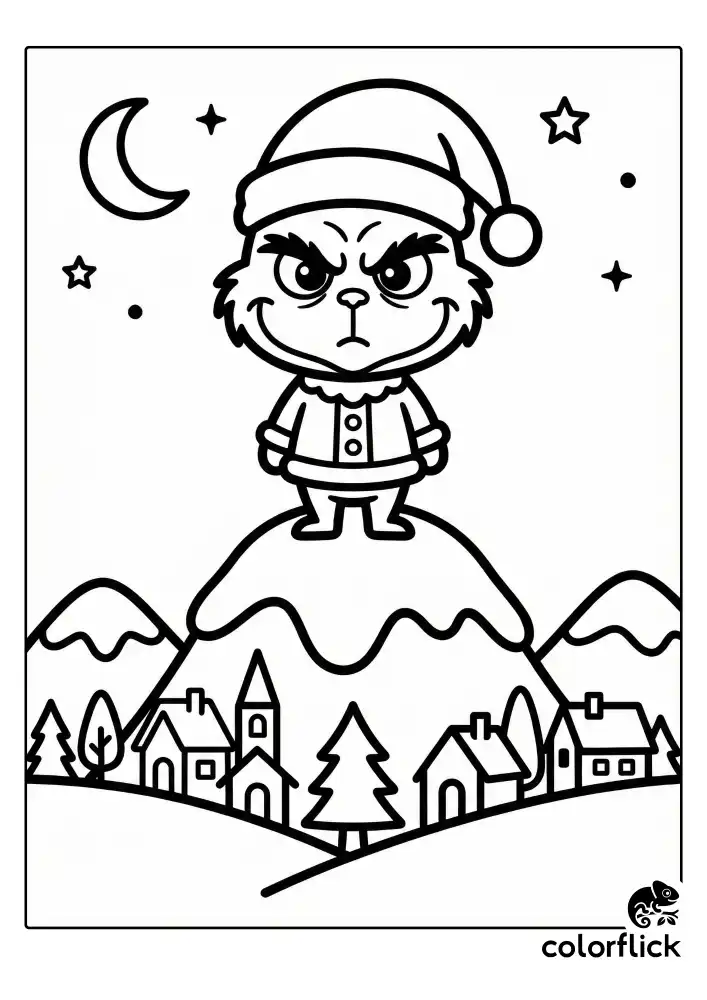 A cute chibi-style Grinch wearing a Santa hat stands atop a high snowy mountain peak, looking down at a tiny village of simple houses under a crescent moon and stars.