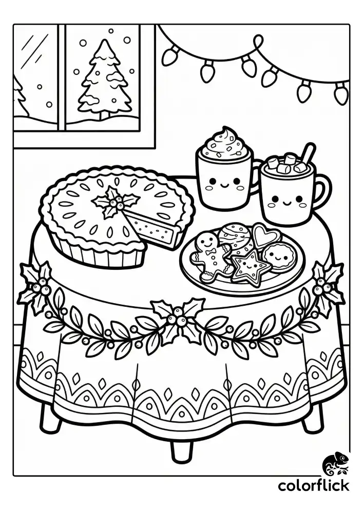 A festive holiday table setting featuring a whole pie, a plate of decorated cookies, and mugs of hot drinks, illustrated in a cute style with thick black lines and no frame borders.