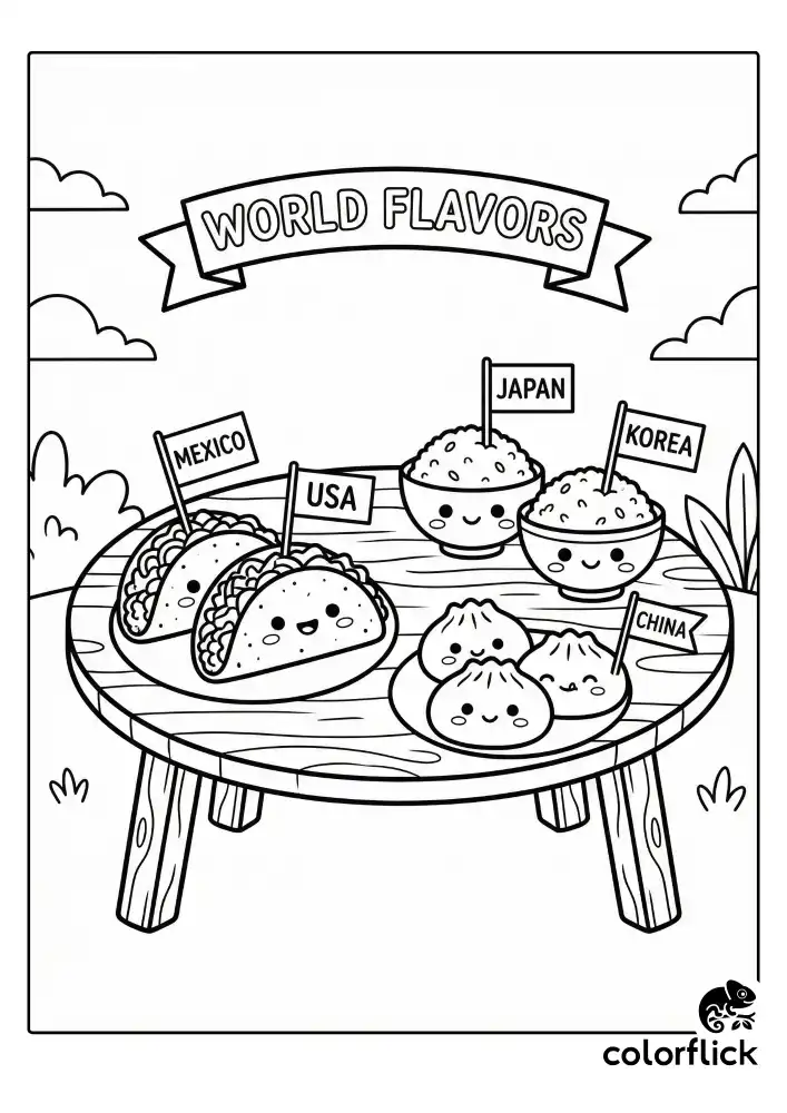 A cheerful coloring page featuring a global spread of food characters. Smiling tacos, a happy rice bowl, and cute dumplings sit together, accompanied by small flags or labels representing their countries of origin, all drawn with thick vector lines.