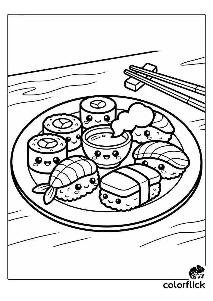 A bold-line coloring page featuring a plate of cheerful, chibi-style sushi. Three maki rolls and three nigiri pieces with smiling faces sit next to a happy bowl of steaming soy sauce. Chopsticks rest on the side against a simple wooden table background.