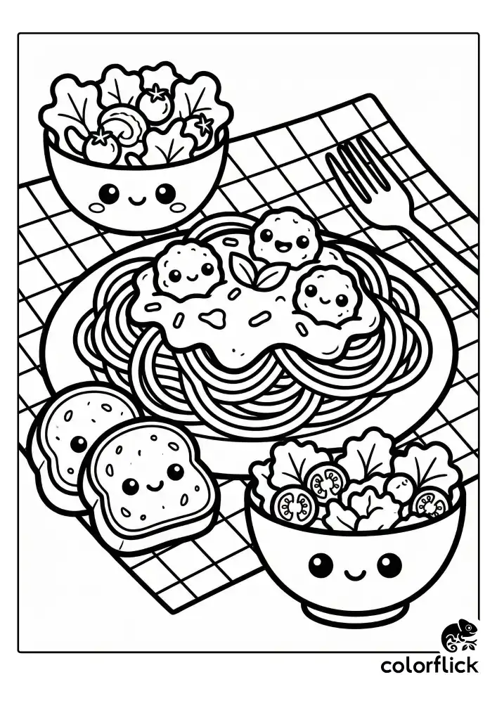 A cheerful coloring page featuring a large plate of spaghetti with smiling meatballs. Beside the main dish sits a happy slice of garlic bread and a bowl of cute, chunky salad vegetables, all drawn with thick, clean vector lines.