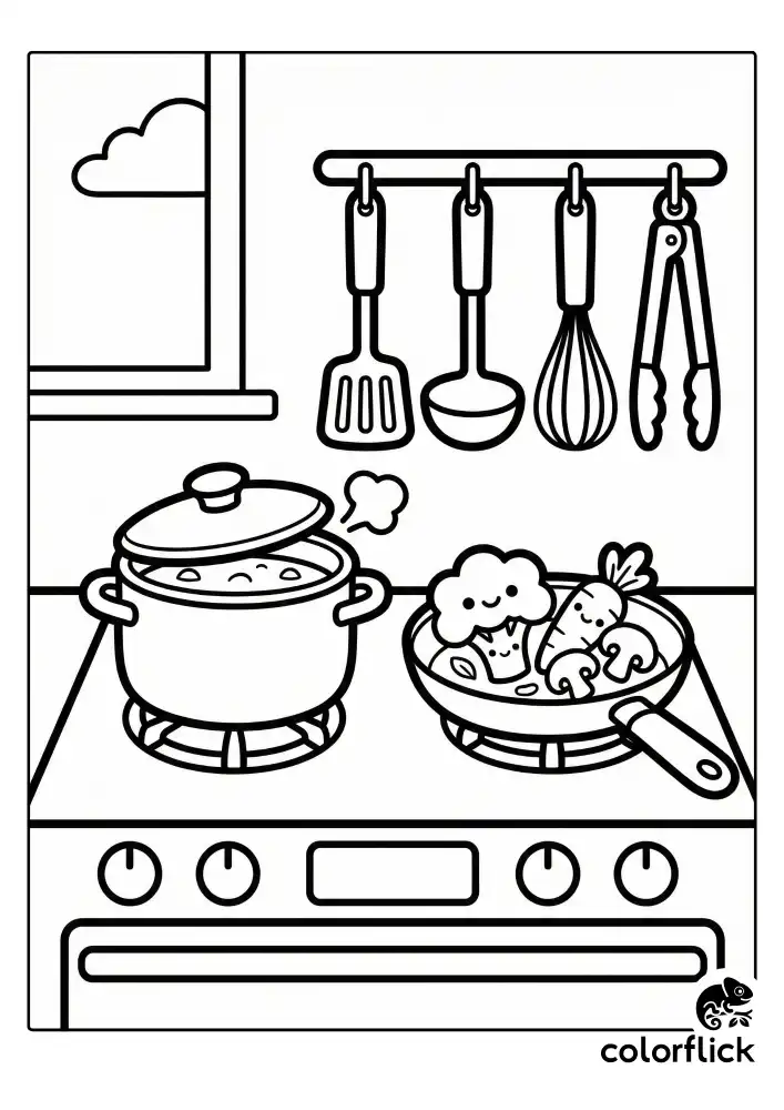 A cute kitchen stove top featuring a bubbling soup pot and a frying pan filled with vegetables, with ladles and spatulas hanging on the wall above, illustrated in a simple black and white outline style.