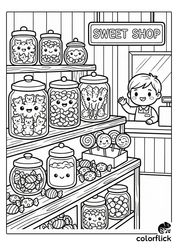 A delightful sweet shop display featuring shelves filled with glass jars of candy, large swirly lollipops, and wrapped sweets, illustrated with thick bold lines and no frame borders.