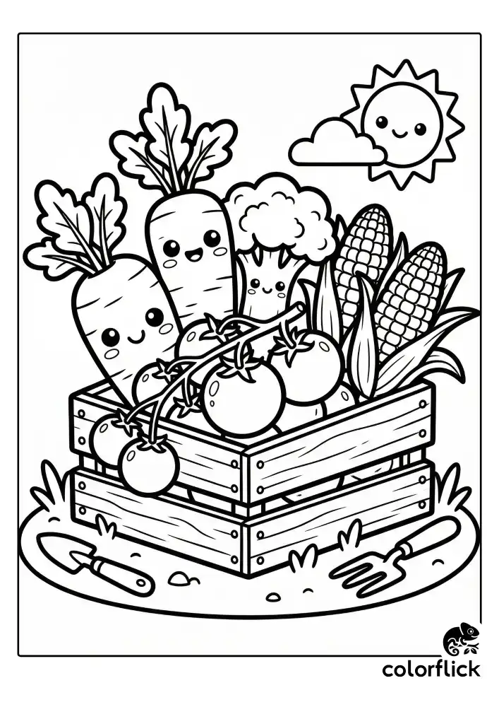 A cute vegetable harvest scene featuring smiling broccoli, sweet corn, ripe tomatoes, and crunchy carrots gathered together, illustrated with thick lines for easy coloring.