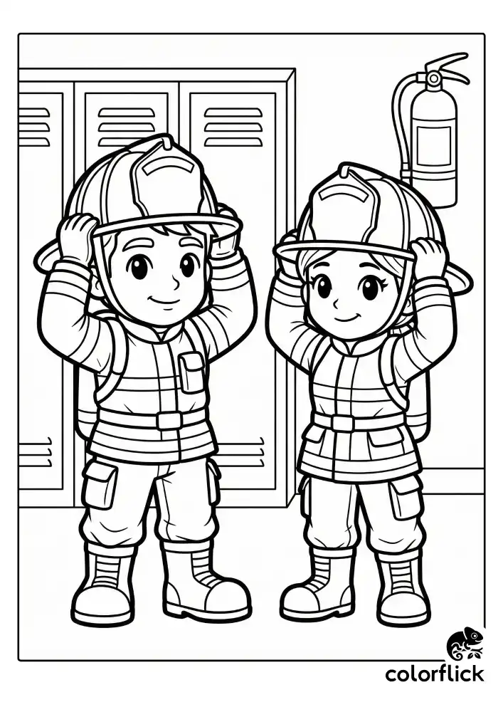 A cute illustration of a male and female firefighter standing side by side putting on their safety helmets in a locker room, with a fire extinguisher hanging on the wall.