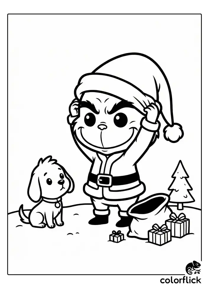 A curious Max the dog sits quietly, looking up with wide eyes as the Grinch buttons up a Santa Claus coat and adjusts his hat to complete the disguise.
