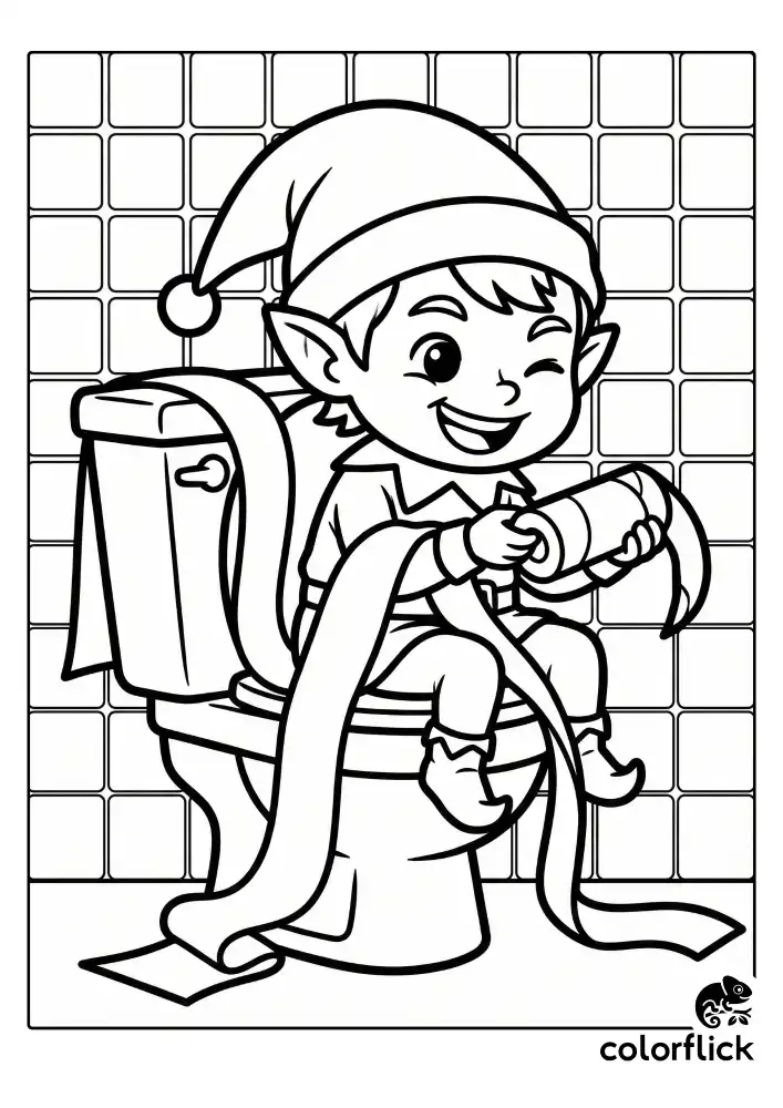 A funny coloring page of a naughty elf sitting on a toilet tank, tangled in a long trail of toilet paper and holding an empty cardboard roll with a mischievous grin.