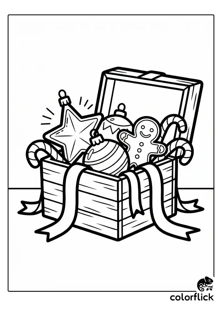 An open wooden box overflowing with varied Christmas ornaments, including a large shiny star shape, a patterned round bauble, a smiling gingerbread man, and striped candy canes. Simple ribbons spill out onto a plain floor surface. The image is a clean black and white vector coloring page.