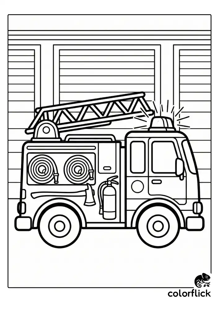 A side view of a rescue fire truck coloring page showing a ladder on top, coiled hoses, a fire axe, and an extinguisher on the side panel, parked in front of garage doors.