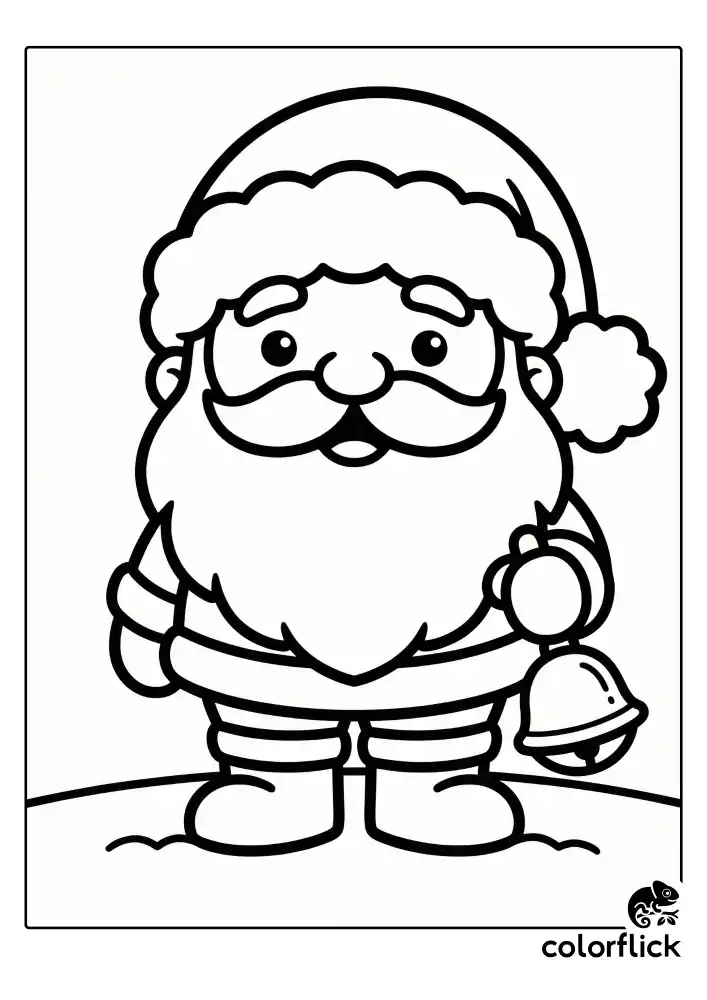 A tiny, round chibi Santa Claus standing straight with a big friendly smile, holding a single large jingle bell. He is wearing a fluffy hat and big boots, standing on a simple snow ground outline. The image is a clean black and white vector coloring page.