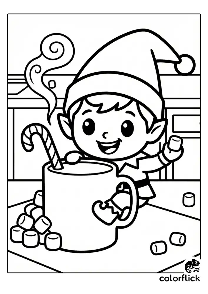 A happy Scout Elf climbing up the side of a large steaming Christmas mug with a candy cane stirrer, holding a tiny marshmallow near a pile of sweets on a kitchen counter.