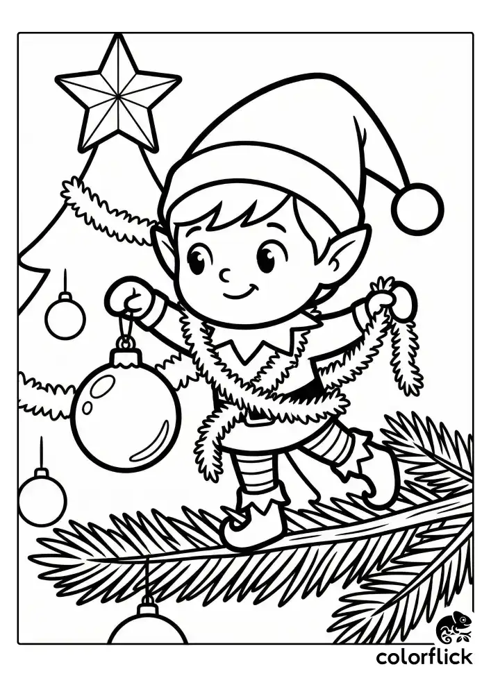 A cute Scout Elf balancing happily on a pine branch to hang a shiny bauble on a Christmas tree, slightly tangled in tinsel with a big star topper above.