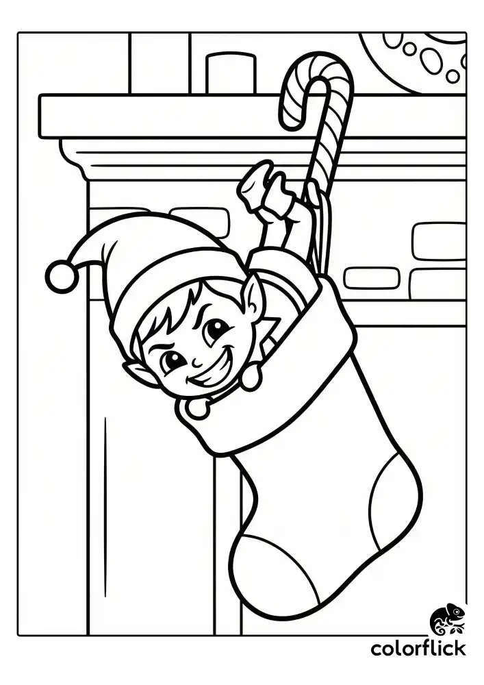 A cute Scout Elf hanging upside down by his legs from a candy cane hook, peeking into a large Christmas stocking with a mischievous grin, set against a simple fireplace mantel.