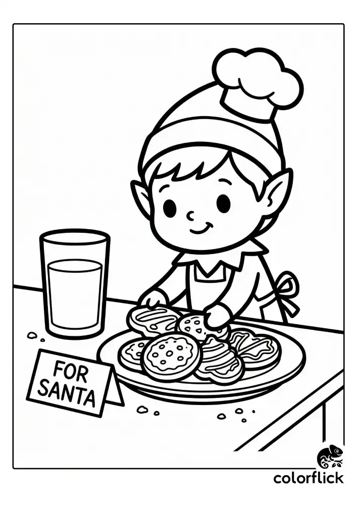 A busy Scout Elf wearing a tiny chef hat arranging large Christmas cookies on a plate and holding a tall glass of milk next to a note for Santa on a kitchen table.