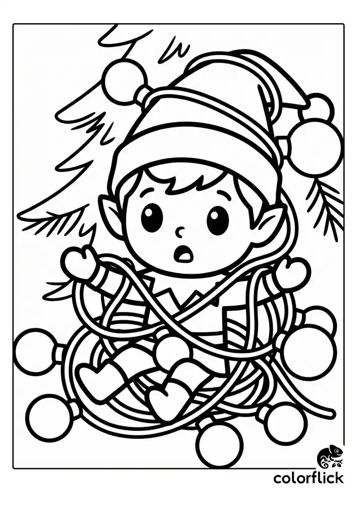 A cute Scout Elf looking surprised while tangled in a string of large Christmas lights, wearing a holiday hat and suit against a simple pine branch background.