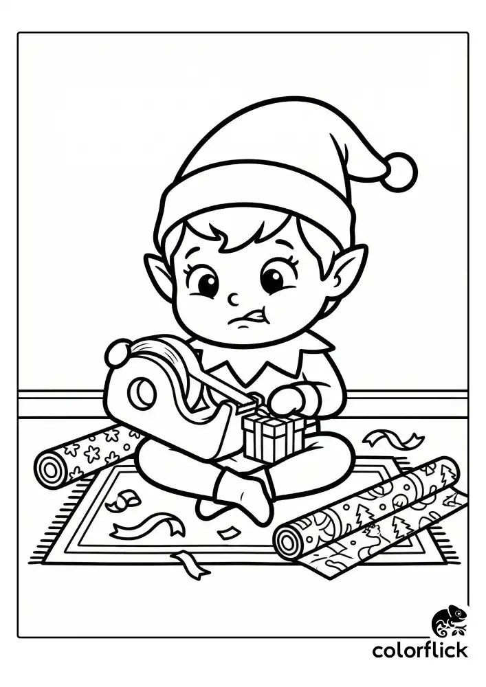 A cute Scout Elf sitting cross-legged on a rug, struggling with a tape dispenser while trying to wrap a tiny gift box amidst scattered ribbons and rolls of festive paper.