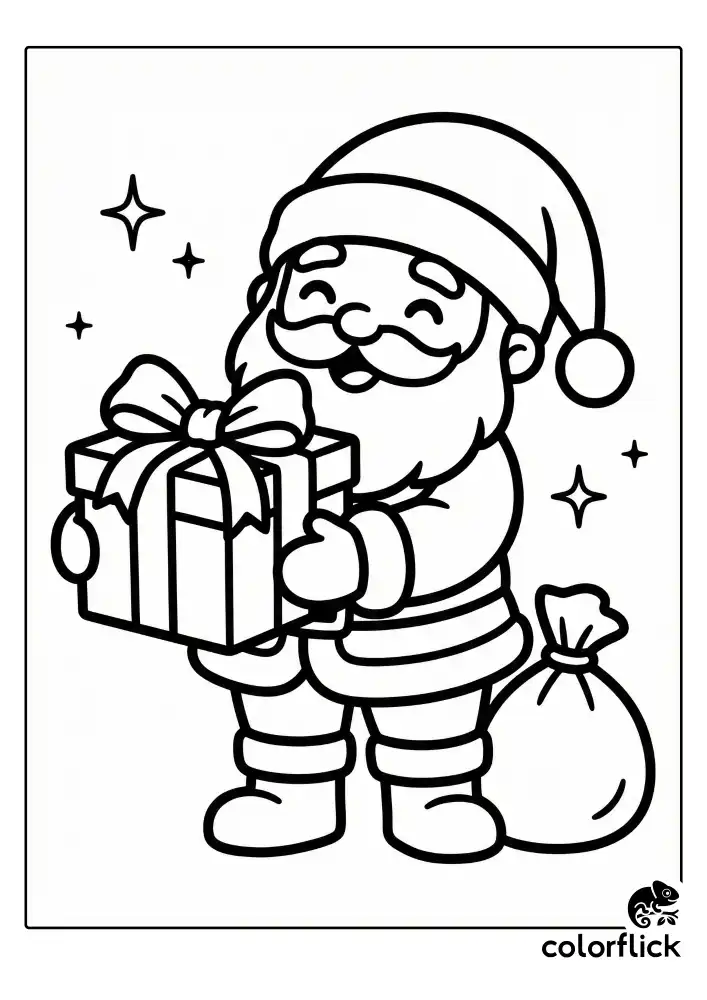 A tiny round chibi Santa standing and holding a large gift box with a ribbon. He has a happy expression and wears big boots. A simple sack sits on the ground nearby with a simple star shape in the background. Minimalist black and white vector lines.
